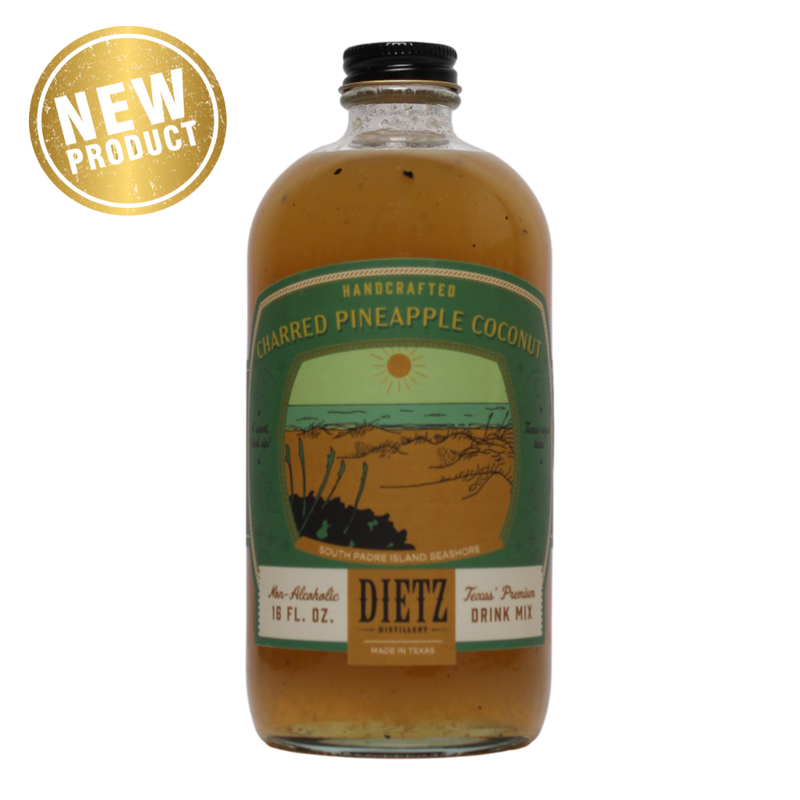 Bottle of Dietz Charred Pineapple Coconut drink mix with a label and 'New Product' badge on a white background
