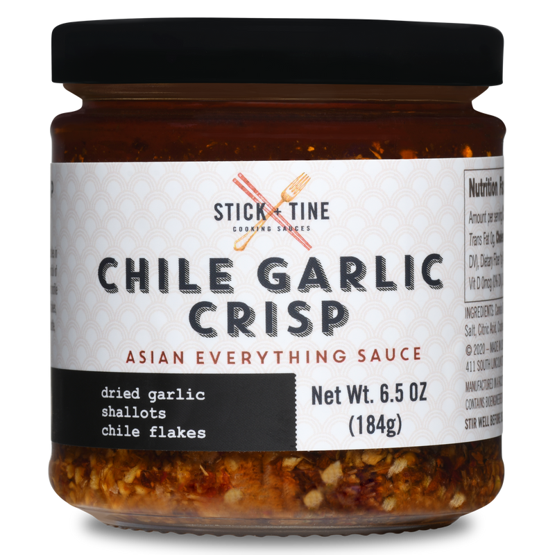 Jar of Chile Garlic Crisp sauce with a visible label on a white background