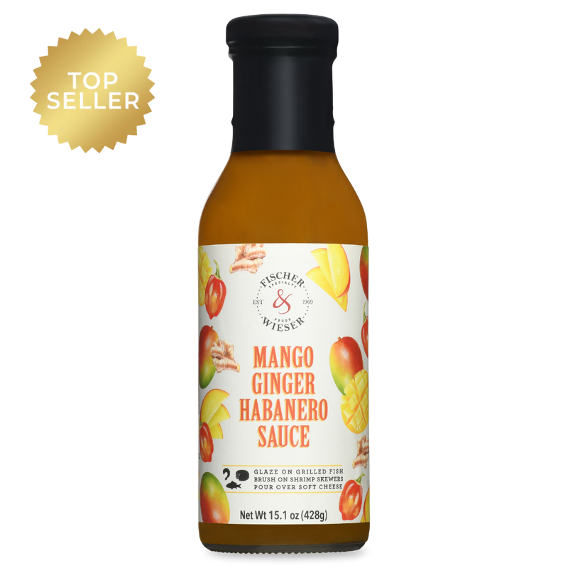 Bottle of Fischer & Weisner Mango Ginger Habanero Sauce with a 'Top Seller' badge on a white background