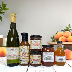 Peach gift set with wine, sacuse, jelly, salsa and syrup