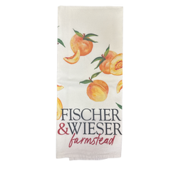 Tea towel with peach design and 'Fischer & Wieser Farmstead' text on a white background