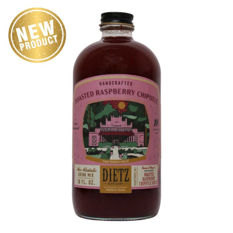Bottle of Dietz roasted raspberry chipotle drink mix with a pink label on a white background.