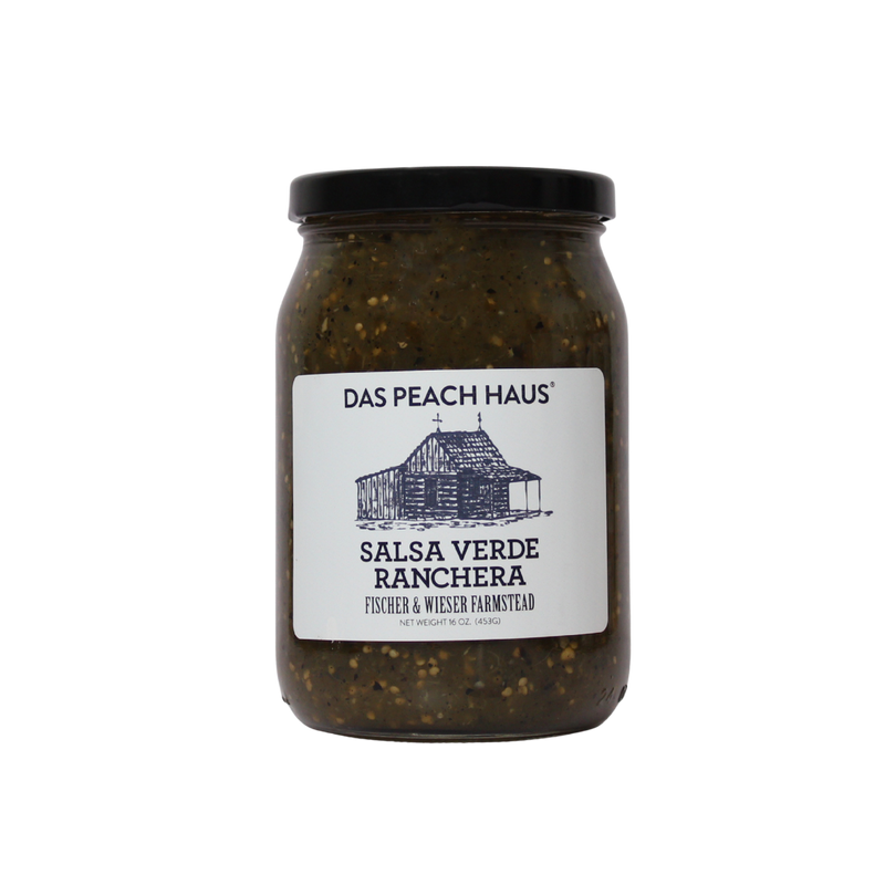Jar of Das Peach Haus Salsa Verde Ranchera on a white background