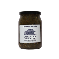 Jar of Das Peach Haus Salsa Verde Ranchera on a white background