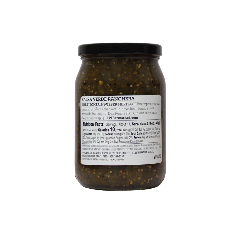 Jar of Das Peach Haus Salsa Verde Ranchera on a white background