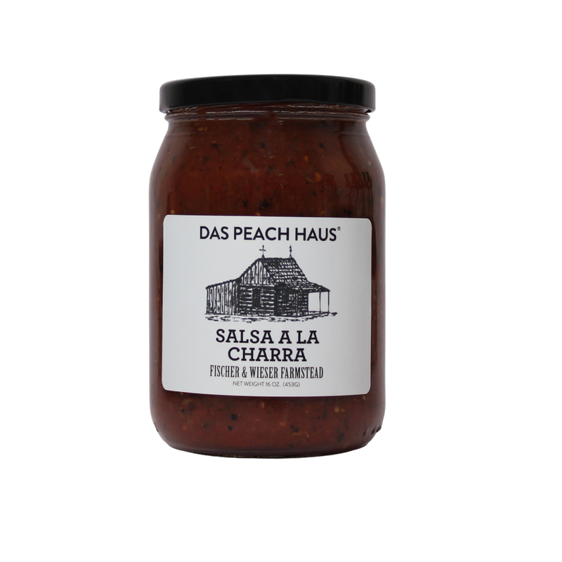 Jar of 'Salsa a la Charra' from Das Peach Haus on a white background