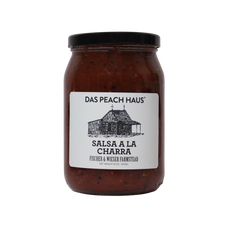 Jar of 'Salsa a la Charra' from Das Peach Haus on a white background