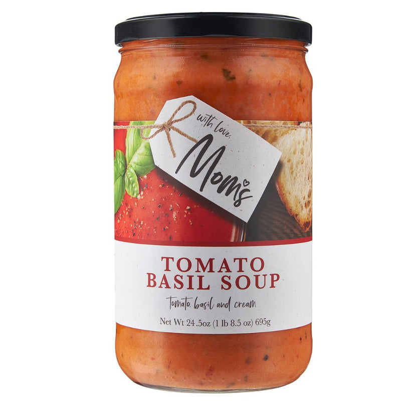 Jar of tomato basil soup with a label featuring bread and basil.