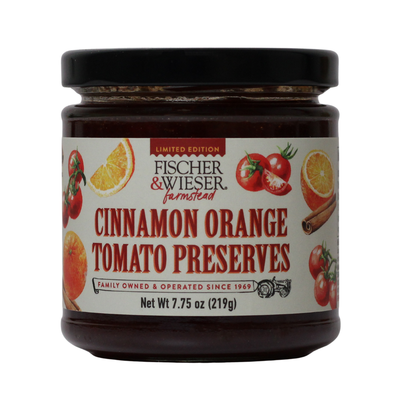 Jar of Fischer & Wieser Cinnamon Orange Tomato Preserves on a white background