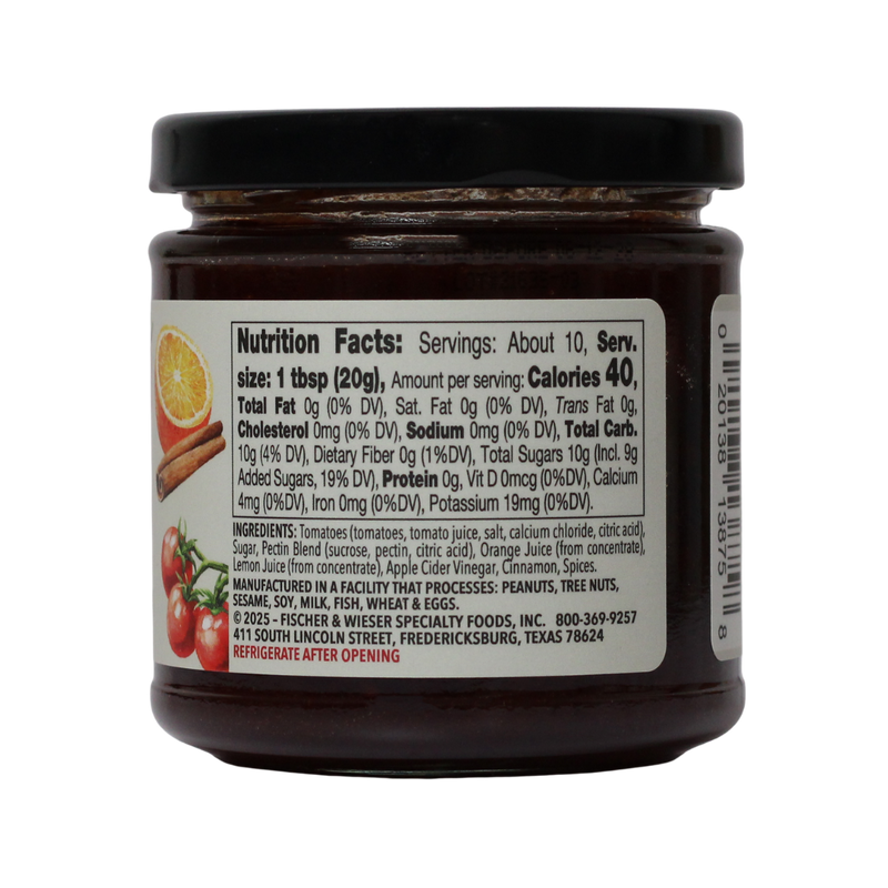 Jar of Fischer & Wieser Cinnamon Orange Tomato Preserves on a white background