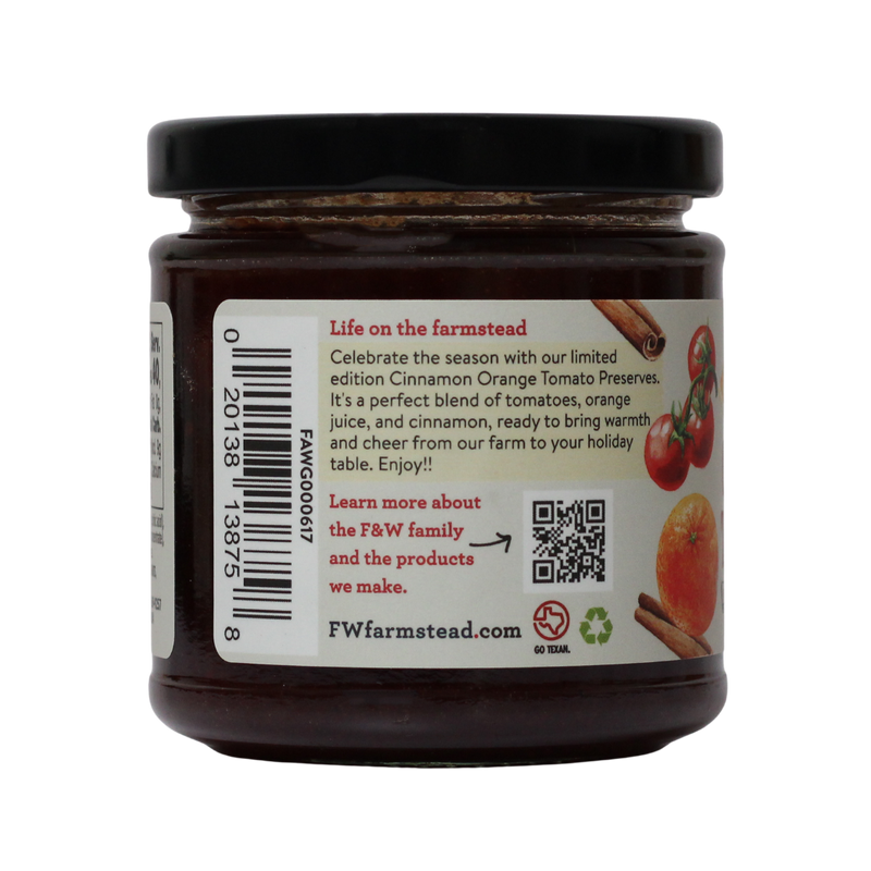 Jar of Fischer & Wieser Cinnamon Orange Tomato Preserves on a white background