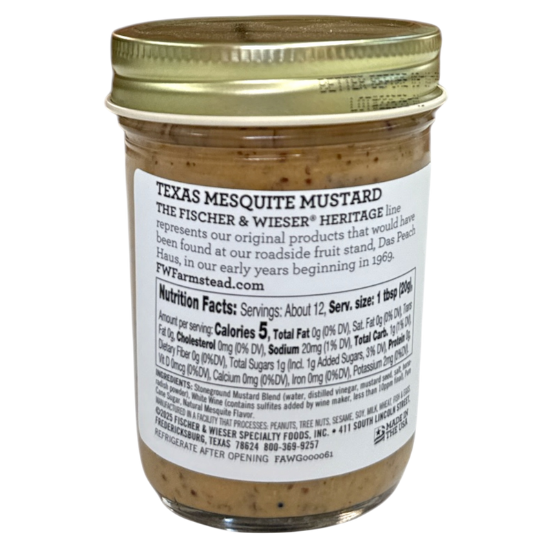 Jar of Texas Mesquite Mustard with 'Das Peach Haus' label on a white background