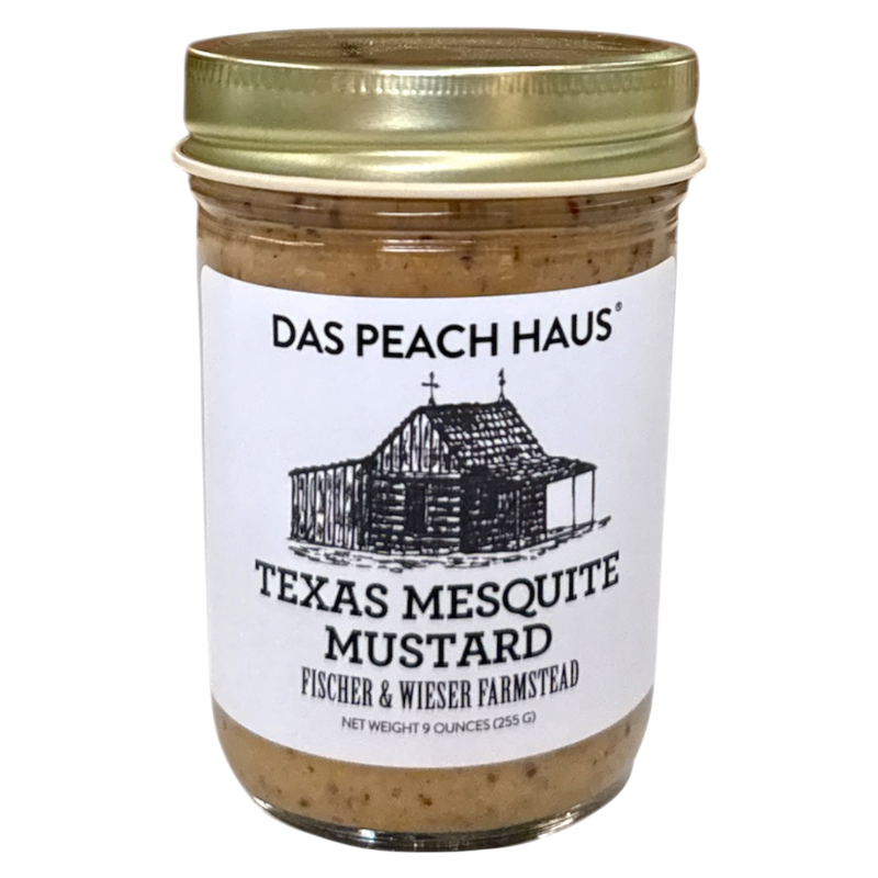 Jar of Texas Mesquite Mustard with 'Das Peach Haus' label on a white background