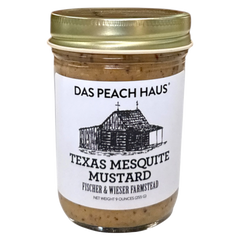 Jar of Texas Mesquite Mustard with 'Das Peach Haus' label on a white background