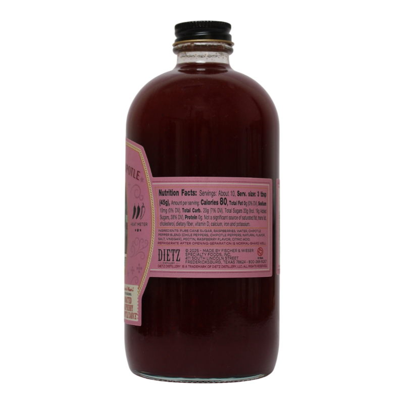 Bottle of Dietz roasted raspberry chipotle drink mix with a pink label on a white background.