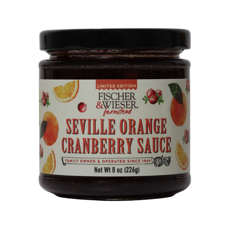 Jar of Seville Orange Cranberry Sauce with Fischer & Wieser label on a white background