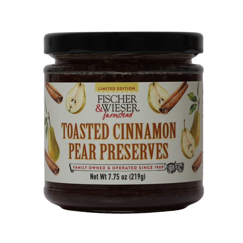 Jar of Fischer & Wieser Toasted Cinnamon Pear Preserves on a white background